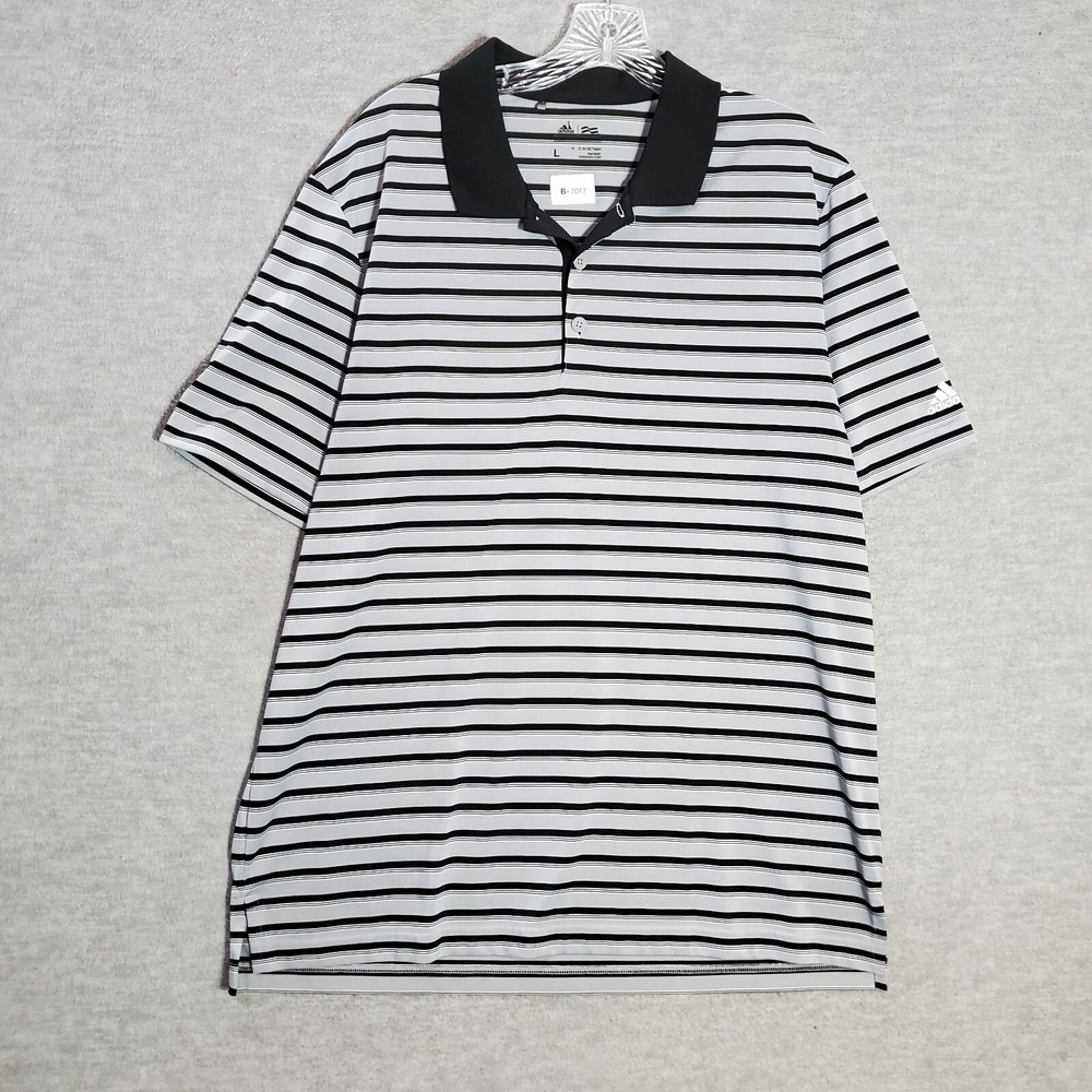 Adidas Men Polo Shirt Large Gray Striped Golf Logo Short Sleeve Polyester Collar